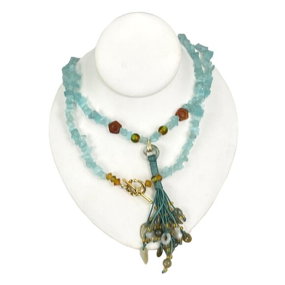 Handcrafted Blue Aquamarine Chip Bead Jade Nephrite Necklace With Tassel Multi-S - Picture 5 of 11